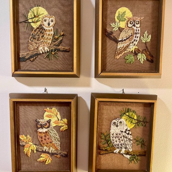 Set of 5 Vintage 1970s Owl Yarn Crewel Embroidery art (4 small 1 large) - Picture 2 of 8